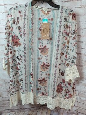 Mason & Belle Floral Sheer Kimono in Cream and Teal Xs Nwt